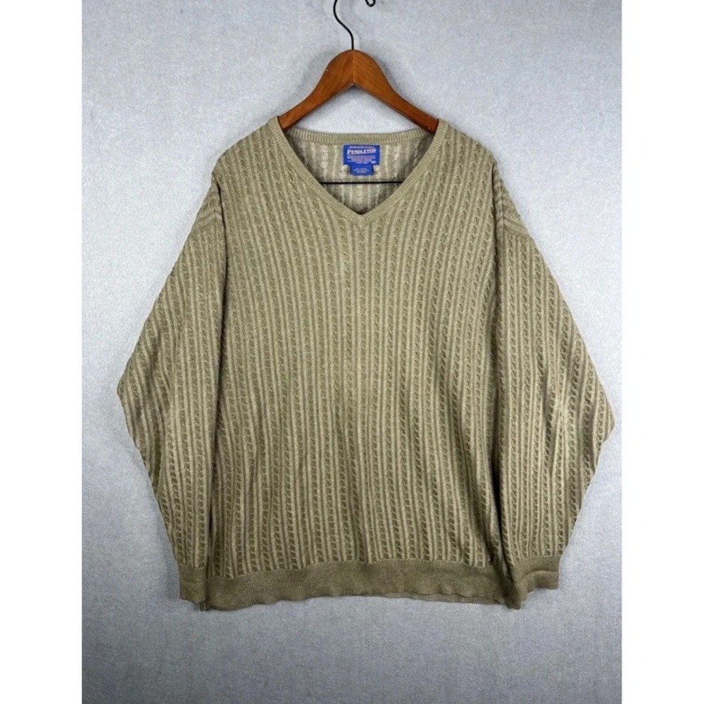 PENDLETON V Neck Cable Knit Cotton Jumper Sweater Men Size XL Khaki GRANDPACORE